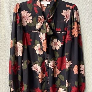 Monteau Black Floral Blouse with Tie Neck